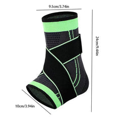 Compression Ankle Brace - Black and lime green ankle brace with dimensions labeled: 9.5cm top width, 24cm height, 10cm foot opening width