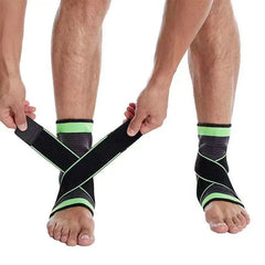 Compression Ankle Brace - Person adjusting crisscross straps on a black and lime green ankle brace worn on one foot, matching brace on opposite foot