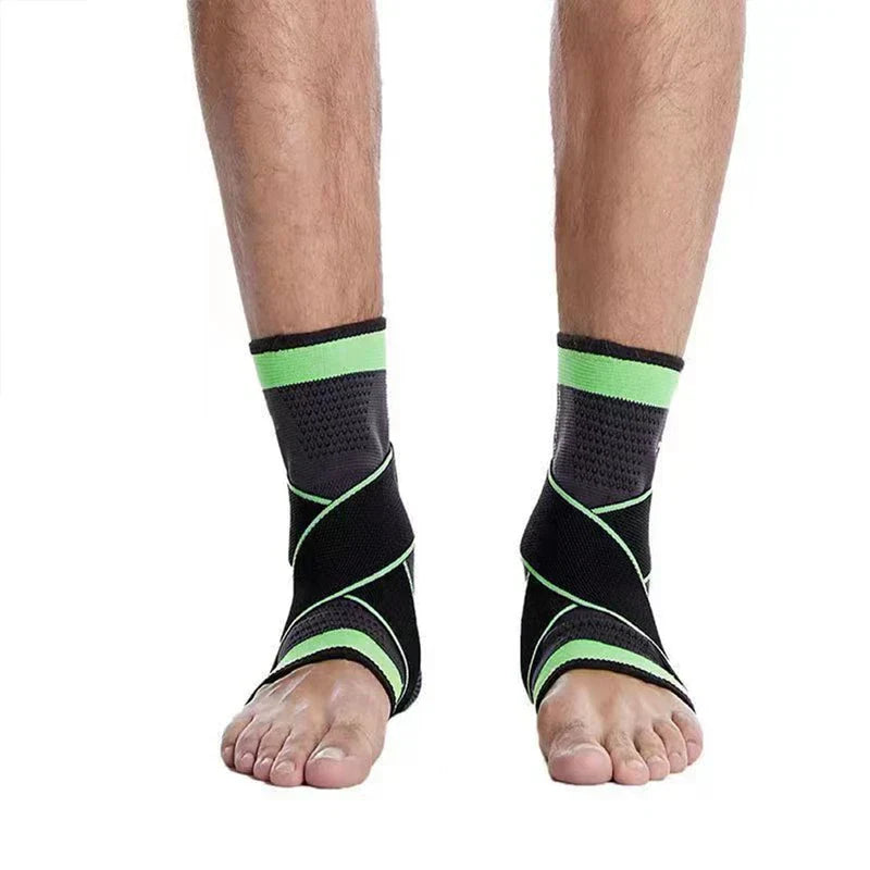 Compression Ankle Brace - Front view of two feet both wearing black and lime green ankle braces with crisscross straps