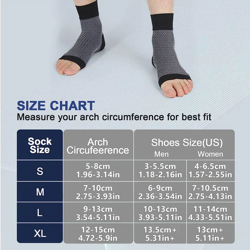 Compression Ankle Socks - Size chart for open-toe compression ankle sleeves, worn on feet, with arch and US shoe size measurements in cm and inches.