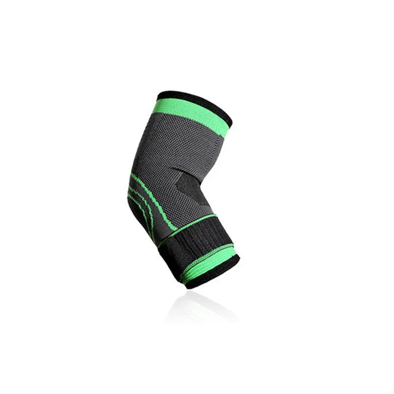 Compression Elbow Sleeve - gray and green knit support sleeve angled on white background