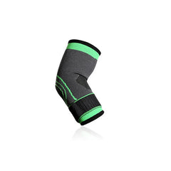 Compression Elbow Sleeve - gray and green knit support sleeve angled on white background