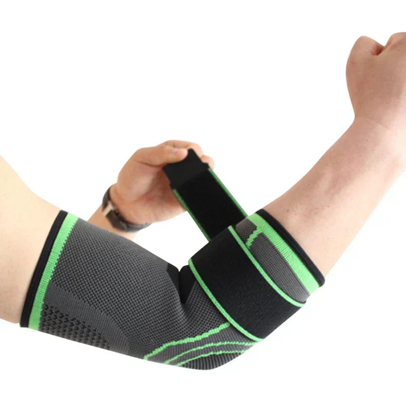 Compression Elbow Sleeve - person adjusting adjustable strap on worn knit support sleeve