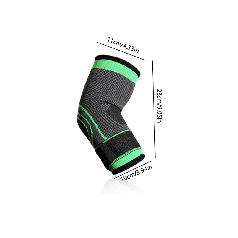 Compression Elbow Sleeve - Black and green elbow sleeve with dimensions 11cm/4.33in width, 23cm/9.05in length, 10cm/3.94in bottom width