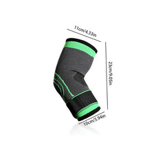 Compression Elbow Sleeve - Black and green elbow sleeve with dimensions 11cm/4.33in width, 23cm/9.05in length, 10cm/3.94in bottom width