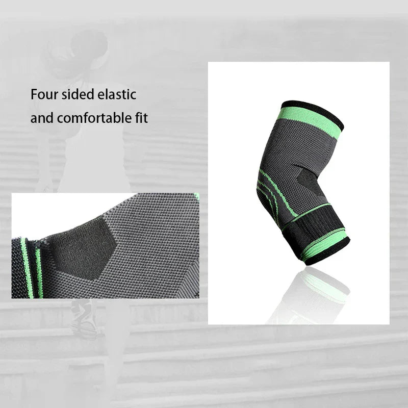 Compression Elbow Sleeve - Black and green elbow sleeve alongside a close-up of its knitted fabric, with text stating four sided elastic and comfortable fit