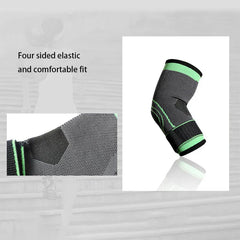 Compression Elbow Sleeve - Black and green elbow sleeve alongside a close-up of its knitted fabric, with text stating four sided elastic and comfortable fit