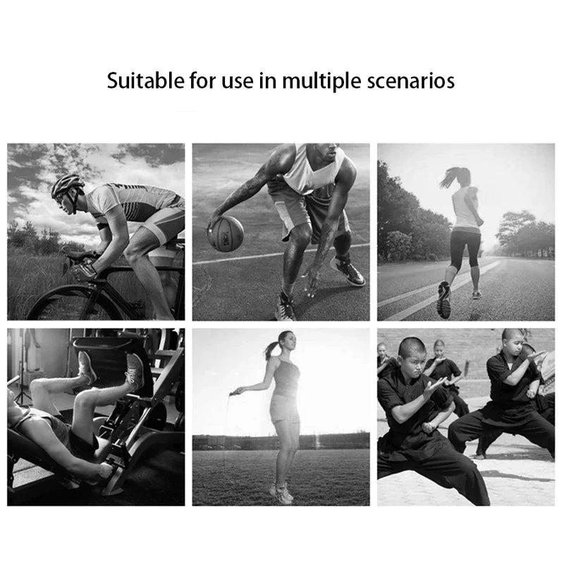 Compression Elbow Sleeve - Six black and white photos of people in cycling, basketball, running, gym, and martial arts activities, with multi-scenario use text