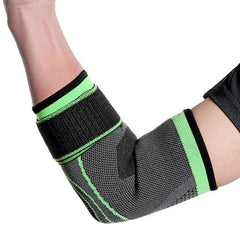 Compression Elbow Sleeve - A person's bent arm wearing a black and gray knit elbow sleeve with bright green trim and accent lines.
