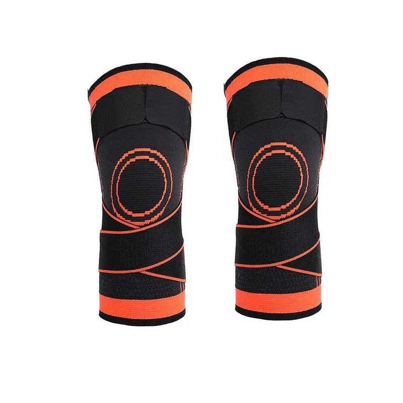 Compression Knee Sleeve - Pair of black knee sleeves with orange stitching, circular knee padding, and hook-and-loop top straps