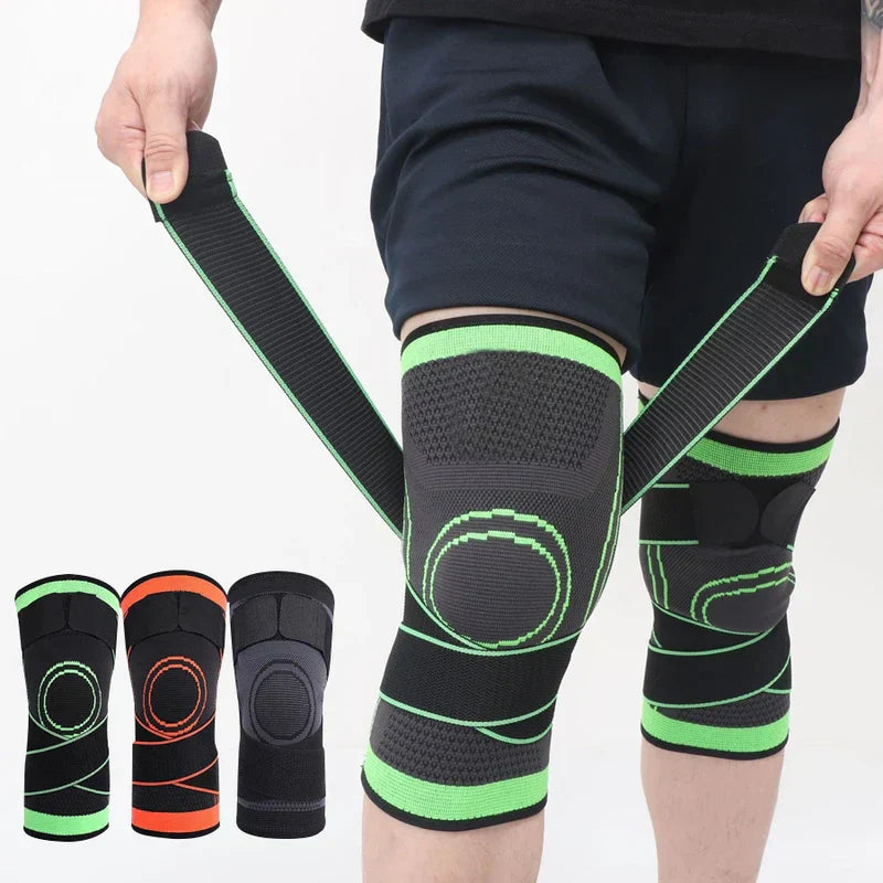 Compression Knee Sleeve - Person adjusting strap on worn knee support with color variants displayed