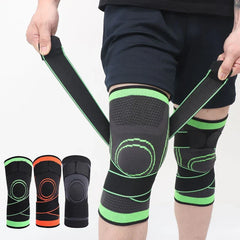 Compression Knee Sleeve - Person adjusting strap on worn knee support with color variants displayed