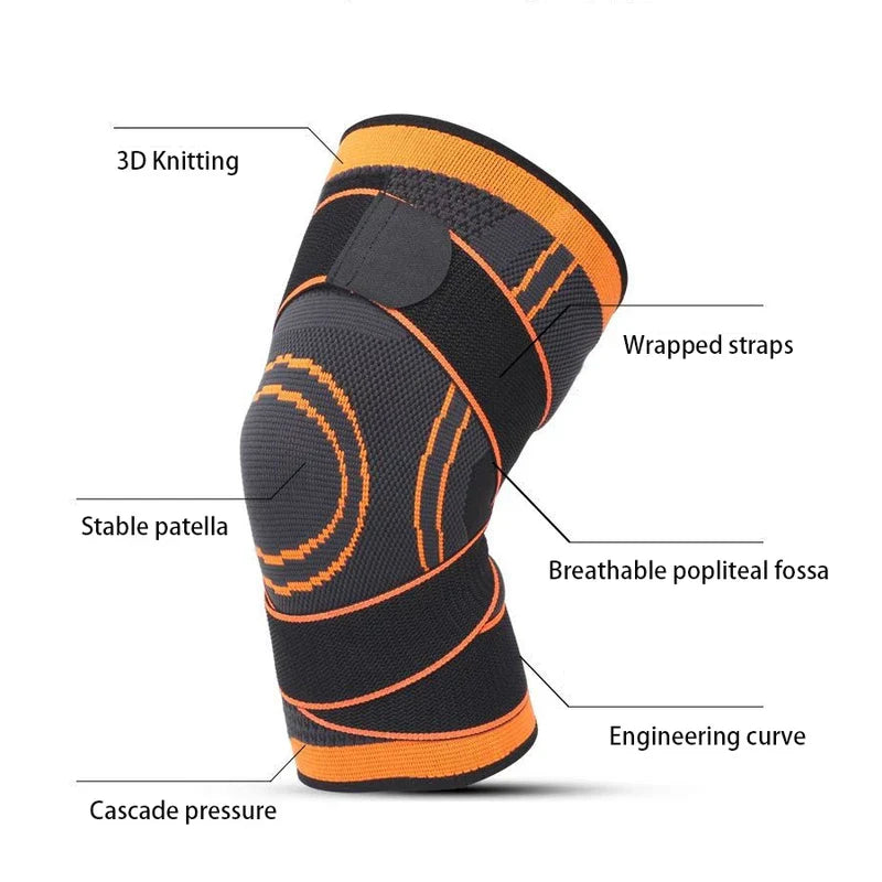 Compression Knee Sleeve - Orange and gray knee support with labeled feature callouts