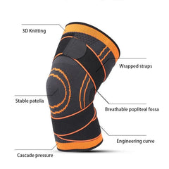 Compression Knee Sleeve - Orange and gray knee support with labeled feature callouts