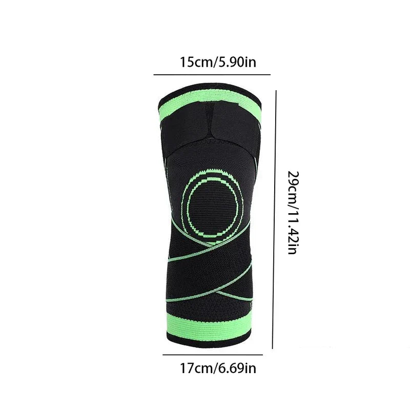 Compression Knee Sleeve - Black and green knee sleeve with top width 15cm, bottom width 17cm, length 29cm labeled on white background