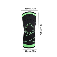 Compression Knee Sleeve - Black and green knee sleeve with top width 15cm, bottom width 17cm, length 29cm labeled on white background