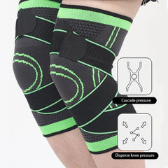 Compression Knee Sleeve - Two black green gray knee sleeves worn on knees, with two diagram boxes showing cascade pressure and dispersed knee pressure