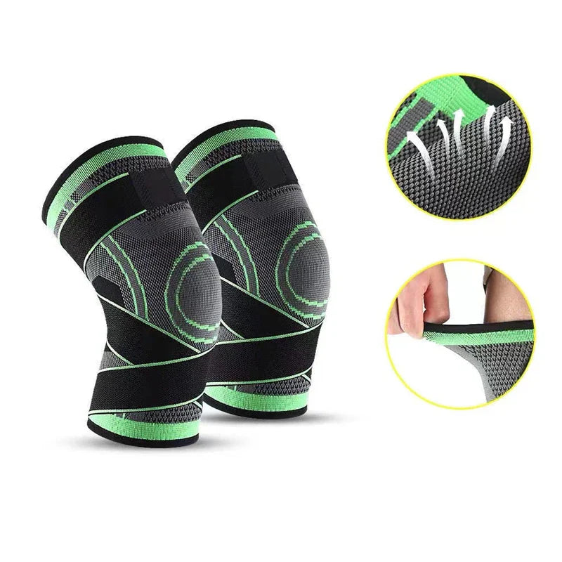 Compression Knee Sleeve - Pair of black gray green knee sleeves on white background, with two circular insets showing fabric breathability and stretch
