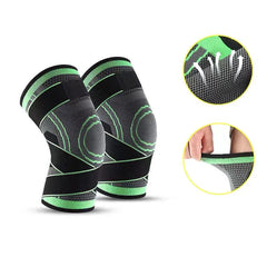 Compression Knee Sleeve - Pair of black gray green knee sleeves on white background, with two circular insets showing fabric breathability and stretch