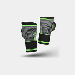 Compression Palm Hand Brace Glove - Pair of gray and green knit wrist-palm supports, front and back view