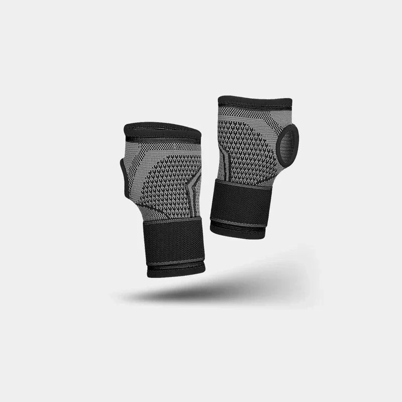 Compression Palm Hand Brace Glove - Two matching gray and black knit wrist-palm supports, one showing the thumb opening side, on a plain light gray background.
