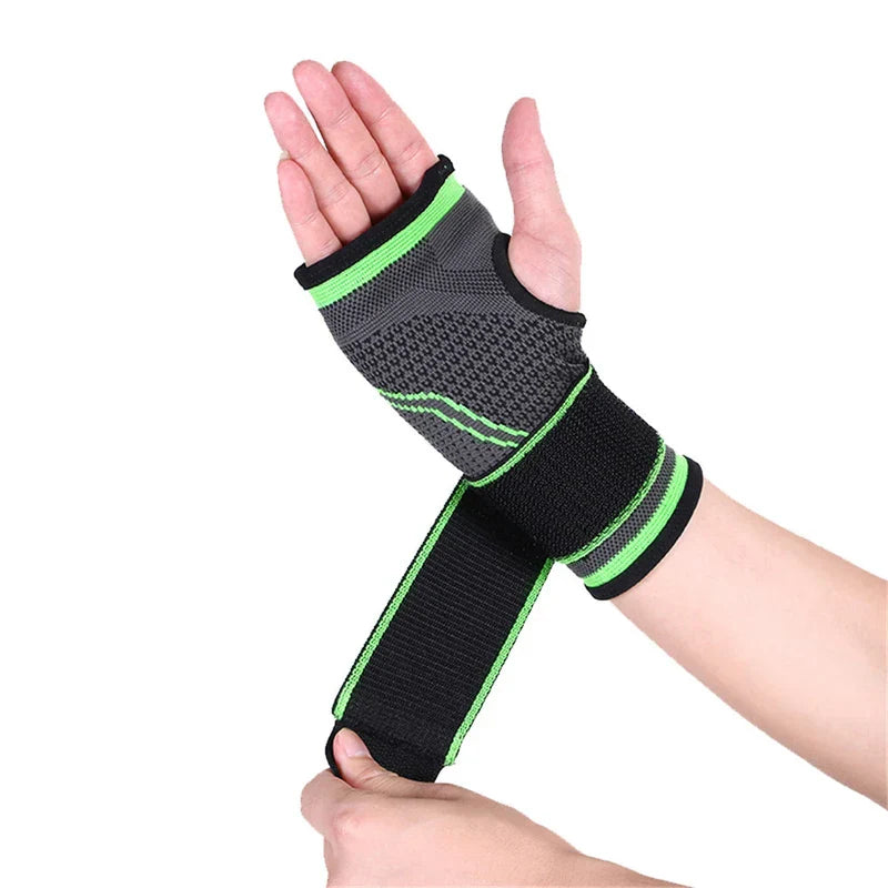 Compression Palm Hand Brace Glove - Hand adjusting the adjustable wrist strap of a gray and green support glove