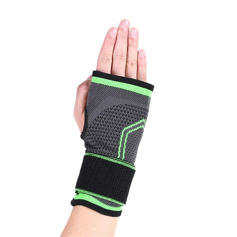 Compression Palm Hand Brace Glove - Gray and green support glove worn on a hand, palm-facing view
