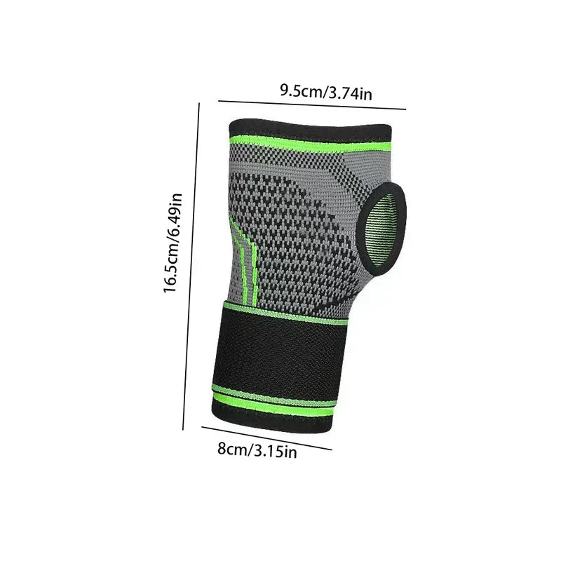 Compression Palm Hand Brace Glove - Grey and green knitted wrist brace with thumb hole, black strap, and labeled height, top, and bottom dimensions in cm and inches.