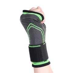 Compression Palm Hand Brace Glove - Grey and green knitted wrist brace worn on a clenched fist, with a black adjustable strap around the wrist.