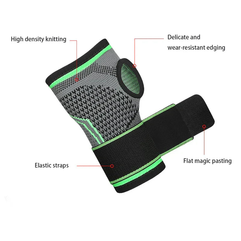 Compression Palm Hand Brace Glove - Grey and green knitted wrist brace with callouts pointing to its knitted body, edging, elastic strap, and flat hook-and-loop fastener.