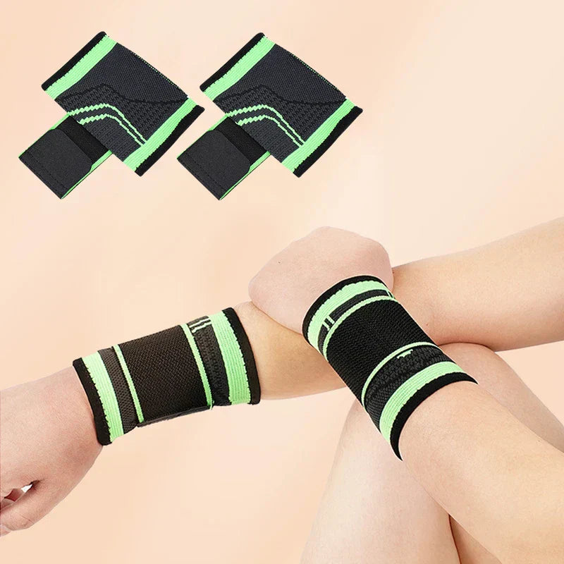 Compression Wrist Brace - Two black and green support wraps displayed above two wrists wearing the wraps
