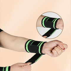 Compression Wrist Brace - Person adjusting adjustable strap on black and green support wrap with close-up inset
