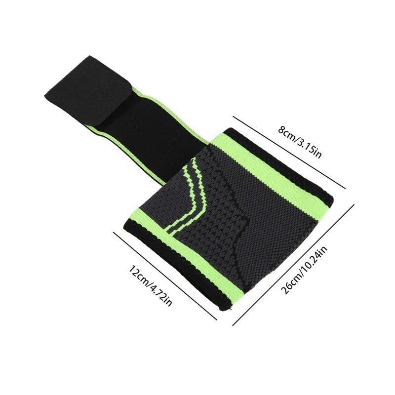 Compression Wrist Brace - Black and neon green wrist brace laid flat with centimeter and inch size labels