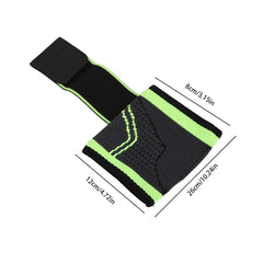 Compression Wrist Brace - Black and neon green wrist brace laid flat with centimeter and inch size labels
