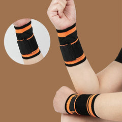 Compression Wrist Brace - Two views of a black and orange wrist brace worn on a flexed wrist, front and side angle