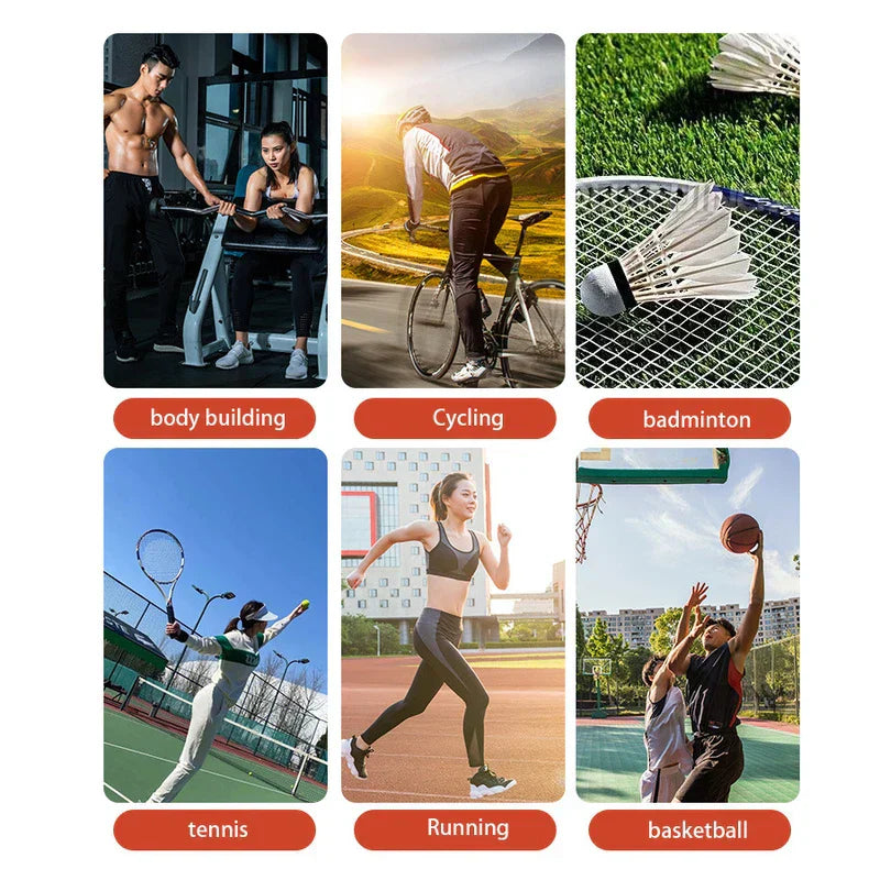 Compression Wrist Brace - Grid of six labeled activity photos: body building, cycling, badminton, tennis, running, basketball.