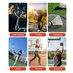 Compression Wrist Brace - Grid of six labeled activity photos: body building, cycling, badminton, tennis, running, basketball.