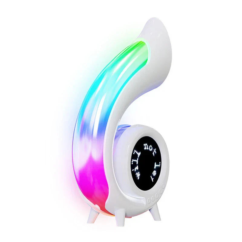 Retro Bluetooth Speaker - Conch shell shaped speaker with gradient RGB light strip and circular LED display on white background