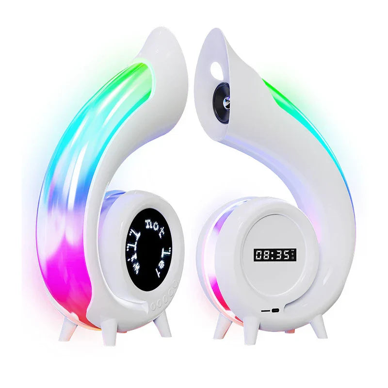 Retro Bluetooth Speaker - Front and back view of conch shell speaker showing speaker driver, digital clock display, and control ports