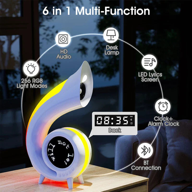 Retro Bluetooth Speaker - Conch shell speaker on wooden side table with 6-in-1 multi-function feature callouts
