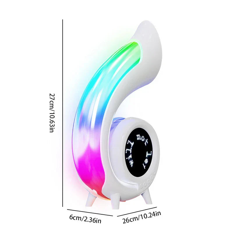 Retro Bluetooth Speaker - White spiral-shaped lamp with RGB gradient light, circular digital display, three small legs, and dimension labels.