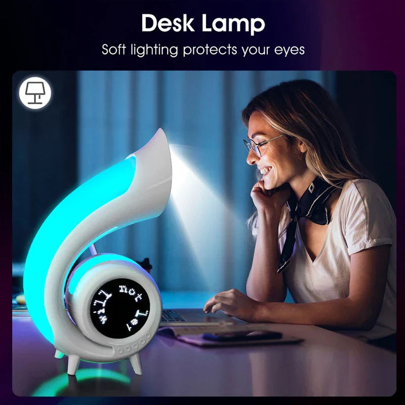 Retro Bluetooth Speaker - Woman at desk with glowing blue lamp shaped like speaker