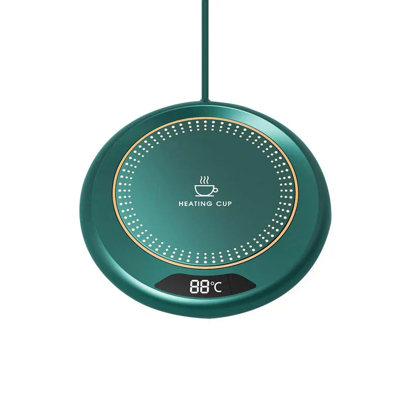 calentador de taza - Calentador de taza de temperatura constante con base calefactora, en verde oscuro redondo con pantalla digital e ícono de taza de café sobre fondo blanco
