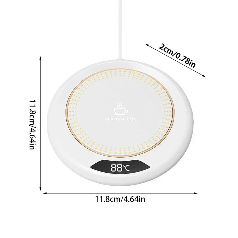 calentador de taza - Calentador de taza redondo blanco con pantalla digital de temperatura, ícono de taza de café, anillo punteado dorado y etiquetas de dimensiones