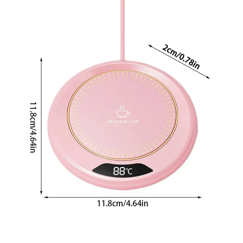 calentador de taza - Calentador de taza redondo rosa con pantalla digital de temperatura, ícono de taza de café, anillo punteado dorado y etiquetas de dimensiones