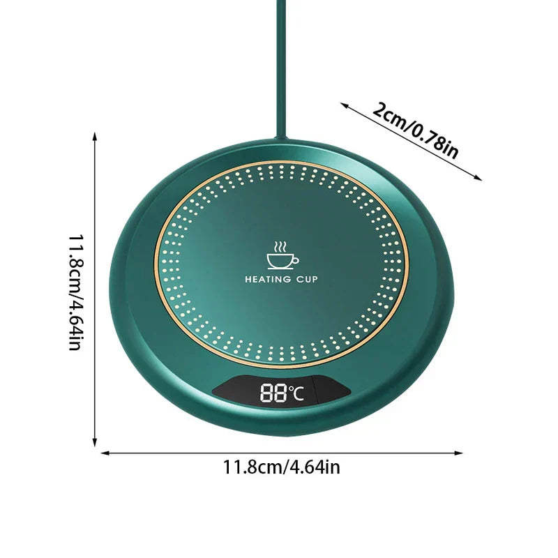 calentador de taza - Calentador de taza redondo verde oscuro con pantalla digital de temperatura, ícono de taza de café, anillo punteado dorado y etiquetas de dimensiones