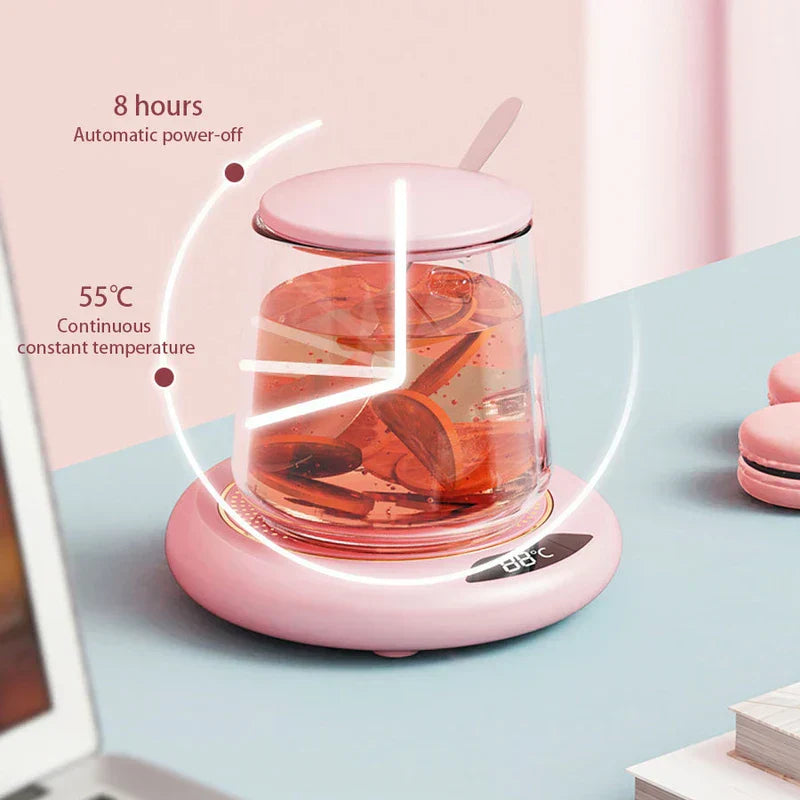 calentador de taza - Calentador de taza rosa con vaso de vidrio de té de frutas, gráfico de reloj brillante, texto para apagado automático de 8 horas y temperatura constante de 55°C