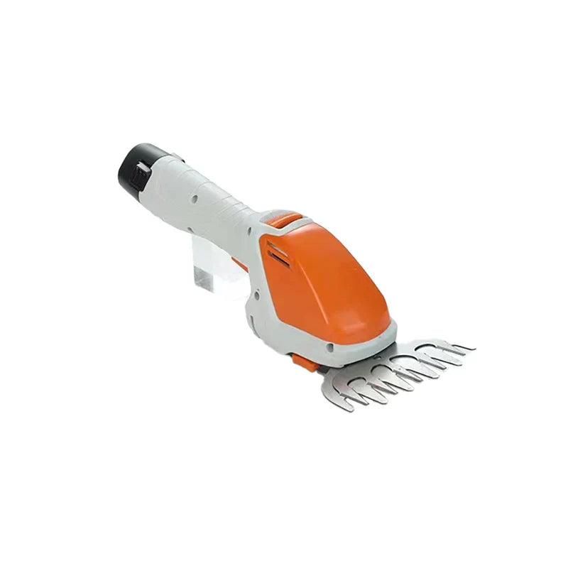 Grass Trimmer Edger - white and orange handheld cordless yard tool with shear blade on white background