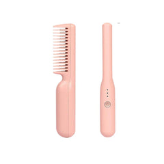 Heated Hair Brush - Front and back view of matte pink cordless styling brush on white background
