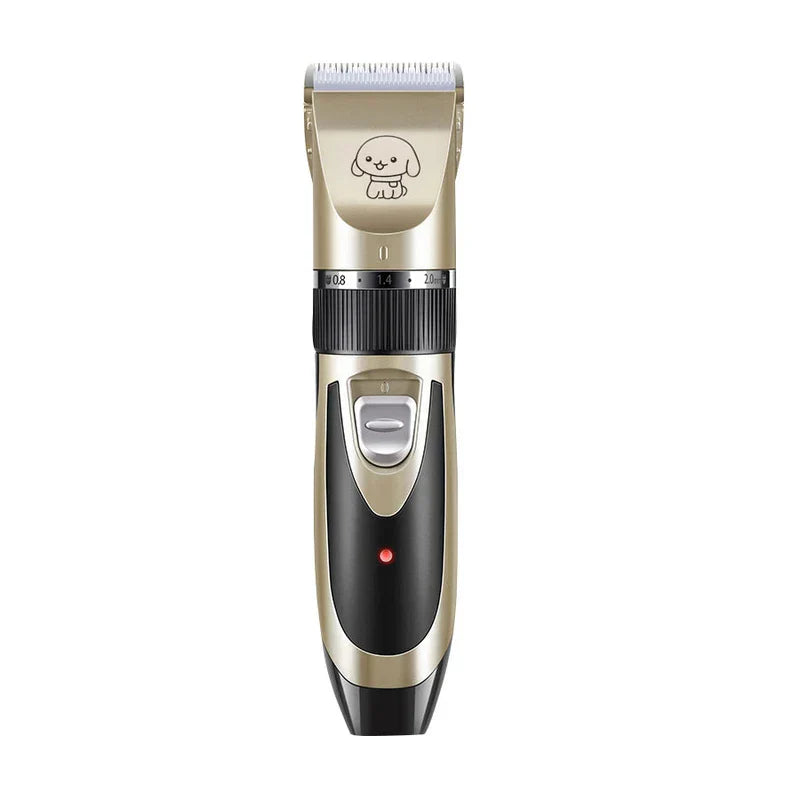 Cordless Pet Grooming Clippers Set - Gold and black rechargeable pet hair clipper with cartoon dog icon and adjustable length dial